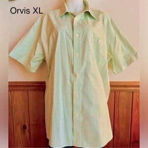 Orvis sz XL men’s button down short sleeve shirt, white, green, and navy plaid